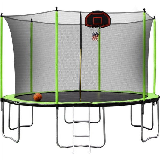 12ft green trampoline Trampoline Jump Recreational Backyard Trampolines with Safe Enclosure Net for 3-4 Kids Adults Indoor Outdoor