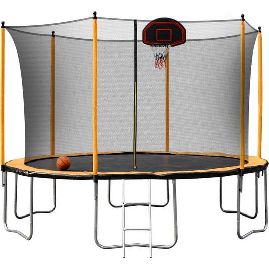 12ft orange trampoline Trampoline Jump Recreational Backyard Trampolines with Safe Enclosure Net for 3-4 Kids Adults Indoor Outdoor