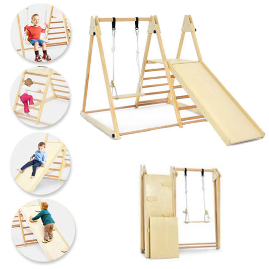 4-in-1 Indoor Folding Eco Wood Montessori Climbing Gym with Swing | Slide | Climbing Wall | Natural | 3 Years+