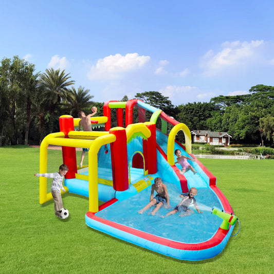 7-in-1 Kids Inflatable Water Park, Multi-Function Inflatable Bouncer with Splash Pool, Water Gun, Climbing Wall, Basketball and Football, Bounce House for Outdoor, Garden, Backyard, Multicolor